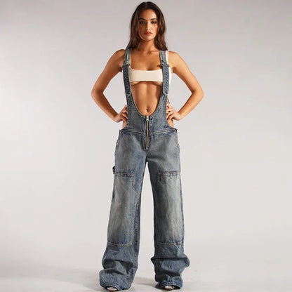 Monos vaqueros para mujer, monos sexys con espalda descubierta Vintage, Pantalones rectos de mezclilla de longitud completa, bolsillos sueltos, desgastados, lavados, informales