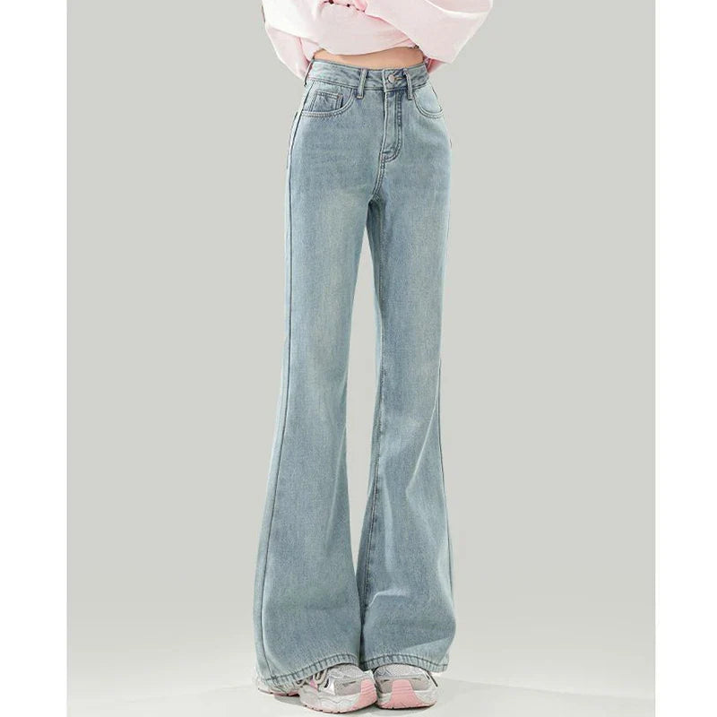 Ropa de calle femenina, pantalones vaqueros Retro de cintura baja, pantalones finos a la moda con parte inferior acampanada, pantalones vaqueros holgados coreanos para mujer