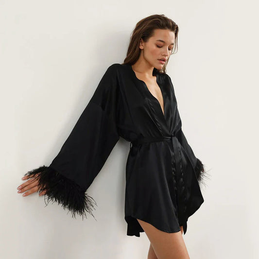 Albornoces de plumas de satén, minivestido Sexy de manga larga, batas holgadas para mujer, bata blanca, vestido de novia, vestidos de novia negros