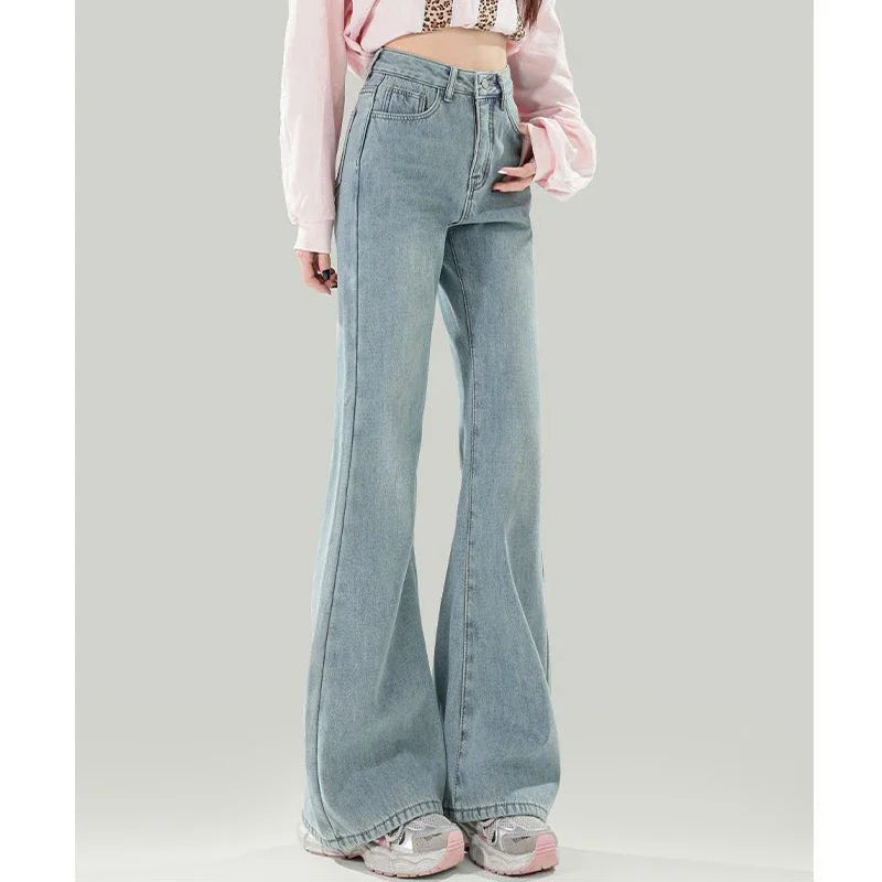Ropa de calle femenina, pantalones vaqueros Retro de cintura baja, pantalones finos a la moda con parte inferior acampanada, pantalones vaqueros holgados coreanos para mujer
