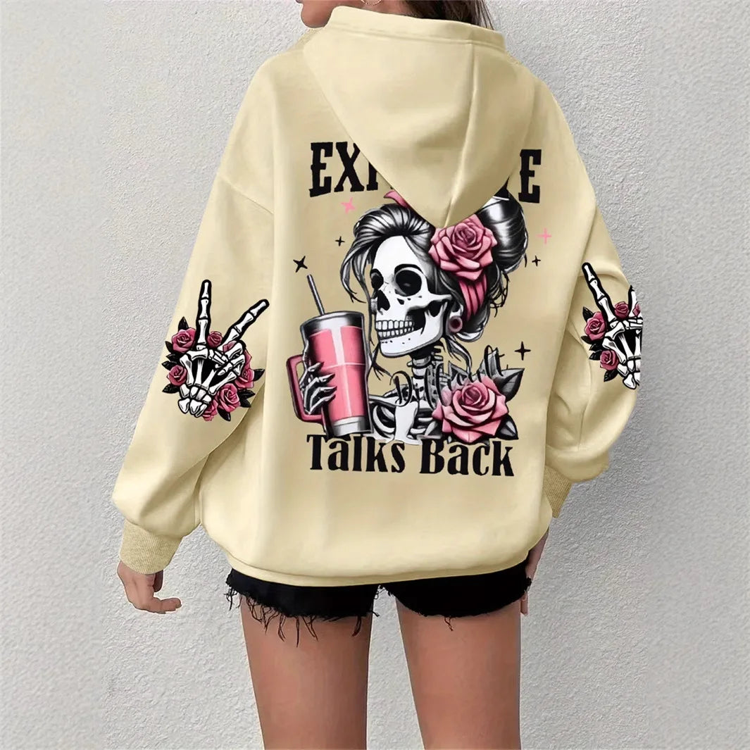 2025 Ropa deportiva de gran tamaño popular para otoño e invierno, sudadera con capucha de manga larga con estampado de calavera