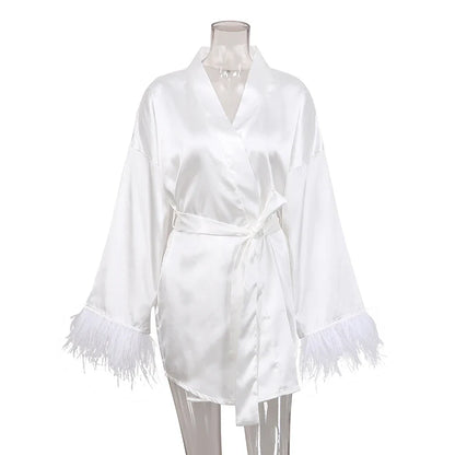 Albornoces de plumas de satén, minivestido Sexy de manga larga, batas holgadas para mujer, bata blanca, vestido de novia, vestidos de novia negros