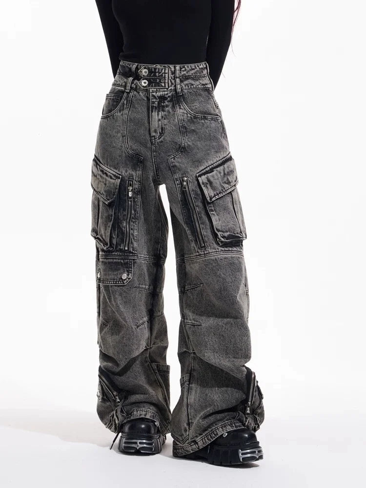 Trashy Y2K 2000S ropa de calle Vintage gris holgado plisado pantalones vaqueros Cargo para mujer ropa Multi bolsillos pantalones de pierna ancha para mujer